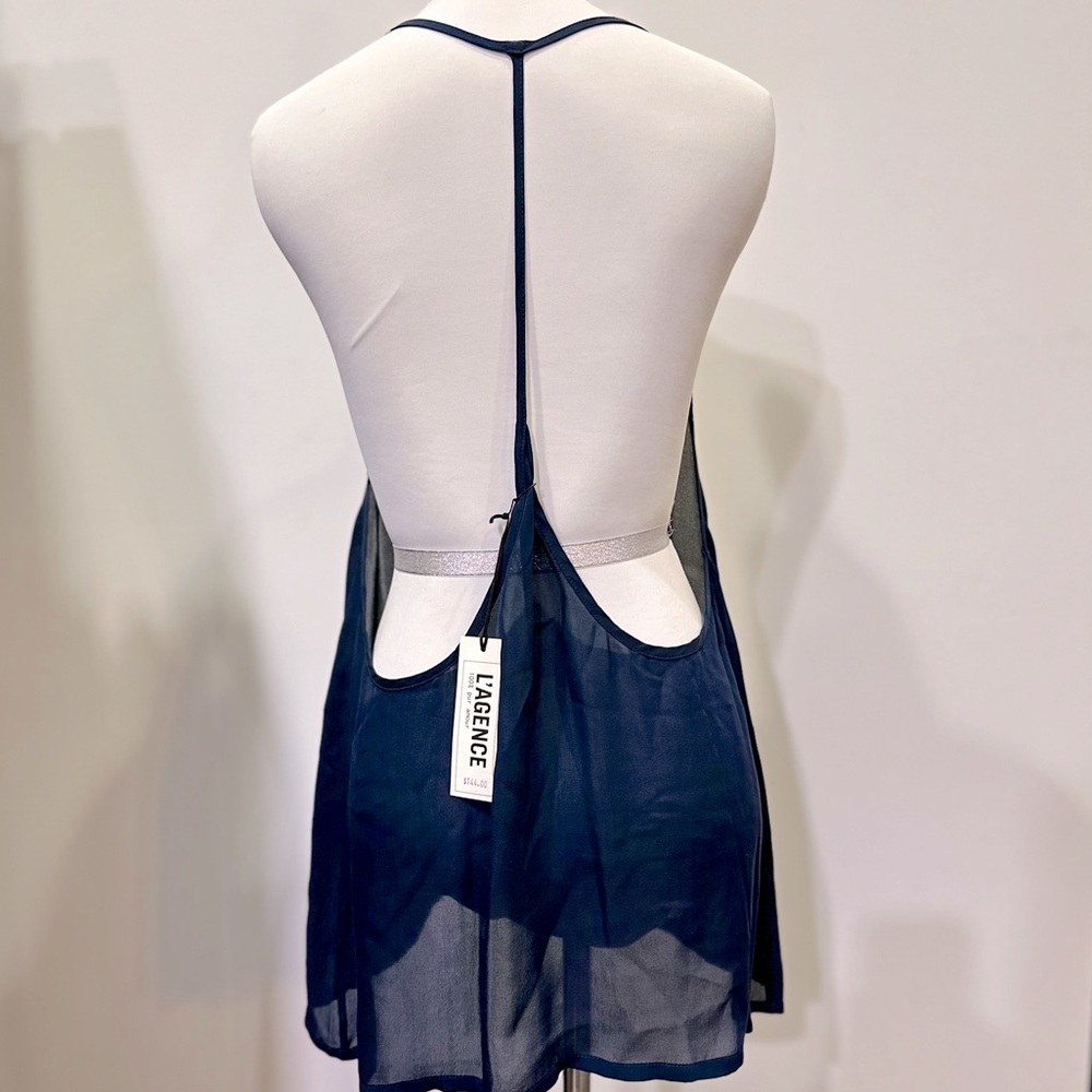 NWT L’Agence 100% sheer silk T-back navy camisole-3 - Picture 5 of 8